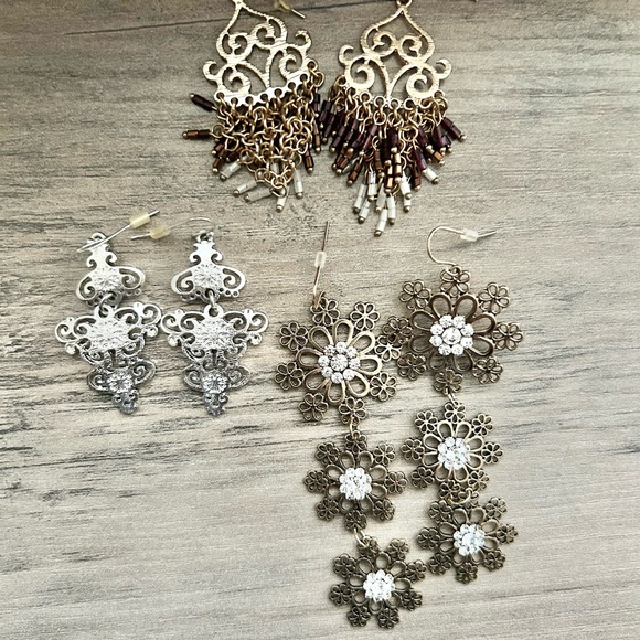 Boho Statement Earring Bundle of 3 - Silver & Bronze Filigree Lot - Picture 2 of 15